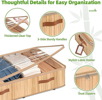 Livole 2 Pack Bamboo Under Bed Storage with Wheels, 6 inches Underbed Storage Containers, 56L XXL Rolling Under Bed Storage Bins with Clear Lid & Label for Clothes, Blankets, Sweater, Shoes