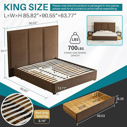 YUHUASHI King Size Bed Frame with 64-inch High Headboard, Simple and Airy Linen Upholstered Platform Bed with Storage Drawers, Wood Slat, No Noise (Brown, King)