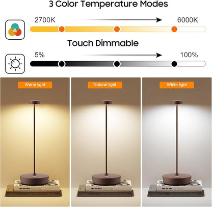 2Pack Cordless LED Table Lamp，Rechargeable Battery Desk Lamps, 3 Color Stepless Dimmable Metal Battery Table Lamps, Portable Waterproof Table Light for Indoor/Outdoor/Restaurant