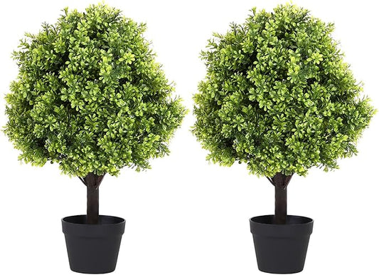 27“ Realistic Artificial Boxwood Topiary Trees Set of 2, Faux Plants Outdoor UV-Resistant, Fake Evergreen Bushes & Shrubs for Front Porch Outside Planter Decor