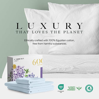 Carressa Linen 100% Egyptian Cotton Twin Sheets Set - 600 Thread Count Egyptian Cotton Luxury Twin Sheets (3 PC, Sky Blue), 16" Deep Pocket, Soft, Cooling, Sateen Weave College Dorm Room Bedding