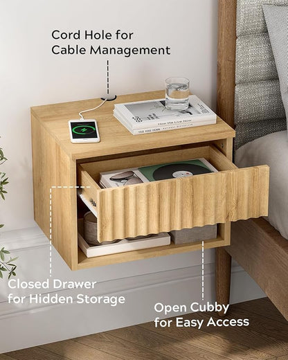 Floating Nightstand with Drawer, Modern Small Night Stand with Fluted Door and Open Storage Shelf Wall Mounted Bedside Table for Bedroom, Entryway Natural Oak