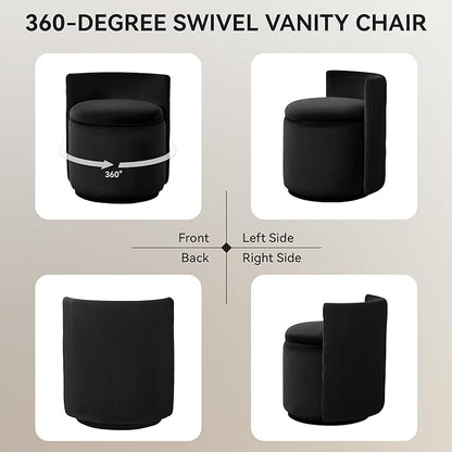 Velvet Vanity Chair with Storage, 360° Swivel Makeup Chair with Wave Back, No Assembly Small Accent Stool for Bedroom, Dressing, Living Room, Black