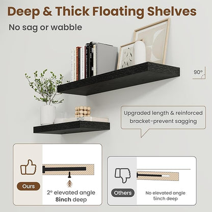 30 Inch Floating Shelves for Wall, 8 Inch Deep Floating Shelf for Storage & Display, Rustic Wall Mounted Shelf with Invisible Brackets for Living Room, Kitchen, Bathroom, Home Decor, Set of 2, Black
