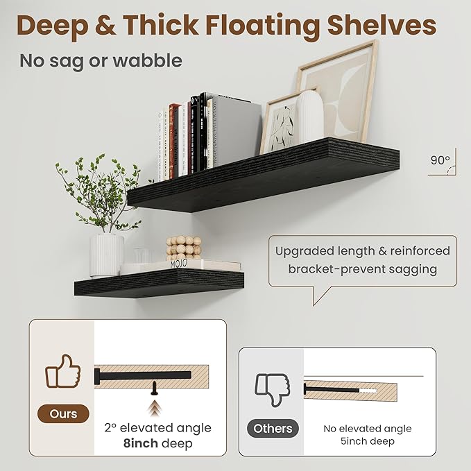 48 Inch Floating Shelves for Wall, 8 Inch Deep Floating Shelf for Storage & Display, Rustic Wall Mounted Shelf with Invisible Brackets for Living Room, Kitchen, Bathroom, Home Decor, Set of 2, Black
