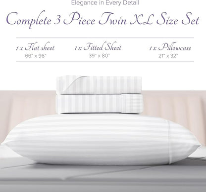 Carressa Linen Striped Egyptian Cotton Sheets Twin XL Size - 600 Thread Count 3 PC Damask Twin XL Sheets Deep Pockets, Sateen Weave College Dorm Bedding Twin XL, Fits Mattress Upto 18"- White Stripe