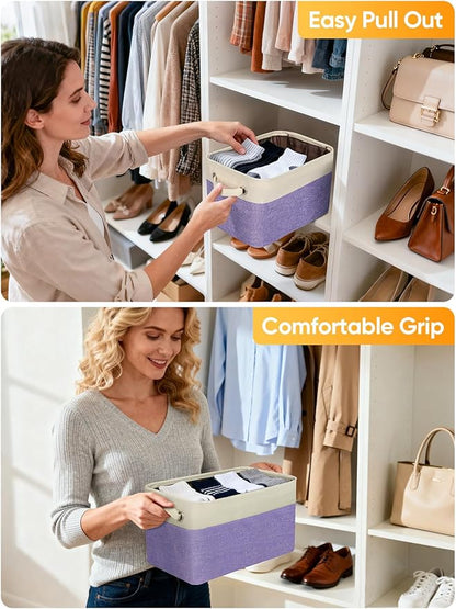 BALEINE 2 Pack Fabric Storage Bins for Shelves, Linen Storage Baskets for Organizing, Decorative Closet Bins for Clothes, Home (Lavender, 12"x8"x8")