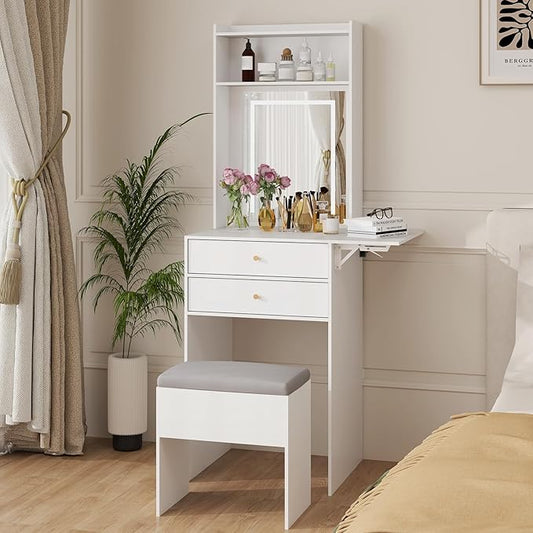 ARTETHYS Small Vanity Desk Set with 3 Adjustable Lighted Mirror and Storage Chair Mini Makeup Vanities Set for Compact Space White Dressing Table with Fold-up Panel for Bedroom