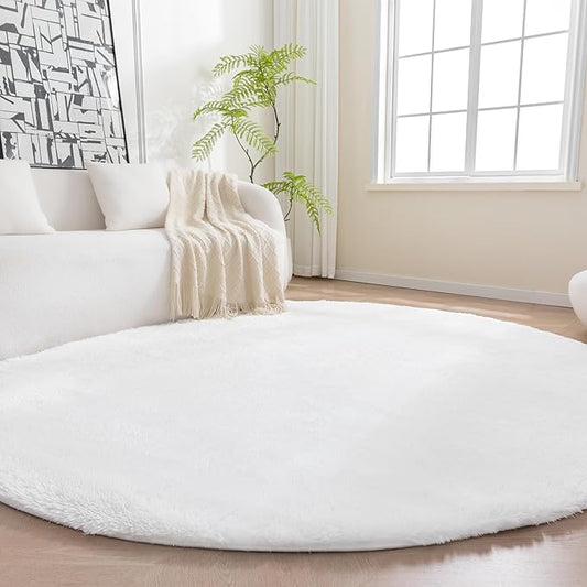 Amazon Basics Fluffy Washable Round Area Rug, Circle Shaggy Carpet for Living Room, Bedroom, Nursery, 7'R, Cream