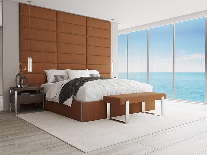 VANT Upholstered Bed Bench - Ribbed Terracotta - Brushed Nickel - Contemporary Modern, Bedroom Bench Seat, Hallway, or Entryway