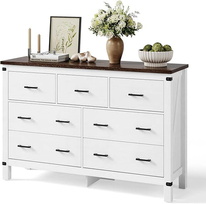 LINSY HOME Farmhouse Dresser for Bedroom with 7 Drawers, 53” Wide Rustic Wood Chest with Deep Drawer, Modern Dressers with Storage and Metal Handles for Closet, Living Room, Hallway, Off White