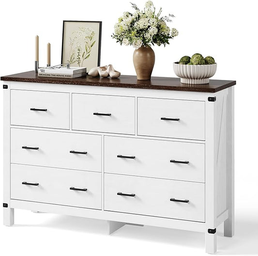 LINSY HOME Farmhouse Dresser for Bedroom with 7 Drawers, 53” Wide Rustic Wood Chest with Deep Drawer, Modern Dressers with Storage and Metal Handles for Closet, Living Room, Hallway, Off White