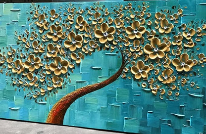 YaSheng Art - 3D Golden Flowers Oil Painting, Oil Painting On Canvas Texture Palette Knife Flowers Tree Paintings Abstract Landscape Artwork Canvas Wall Art Living Room Bedroom Home Decor 24x60inch