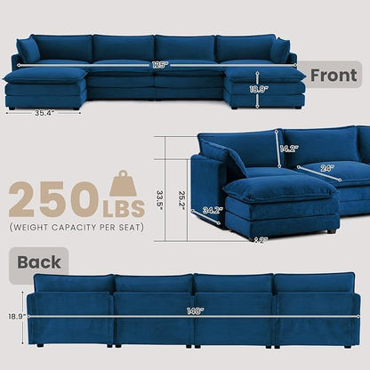 148'' Sectional Modular Cloud Couch, Oversized U Shaped 4 Seat Sofa with 2 Movable Ottomans, 2 Throw Pillows, Upholstered Corduroy U Shape Comfy Deep Couches for Living Room and Office, Blue