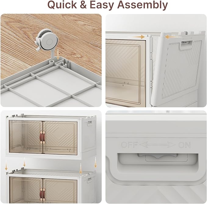 640Qt Stackable Storage Bins with Lids, 4 Pack Large Collapsible Bins with Wheels, Plastic Cabinet with Doors, Foldable Closet Organizers and Storage for Home, Dorm, Office, White