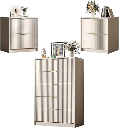 3-Piece Dresser Bedroom Set, 5 Drawer Dresser & 2 Drawer Nightstands with Gold Handles, Fluted Wood Chest of Drawers for Bedroom, Living Room, Entryway, Beige