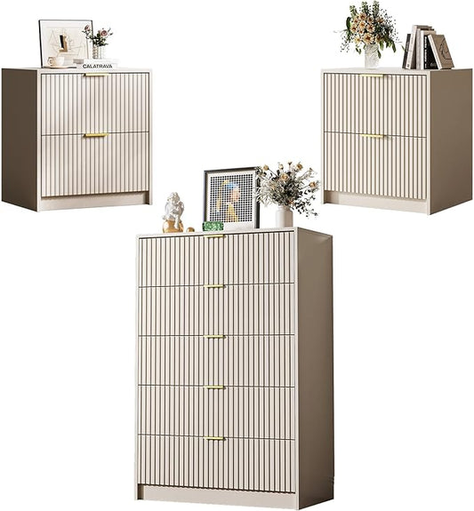 3-Piece Dresser Bedroom Set, 5 Drawer Dresser & 2 Drawer Nightstands with Gold Handles, Fluted Wood Chest of Drawers for Bedroom, Living Room, Entryway, Beige