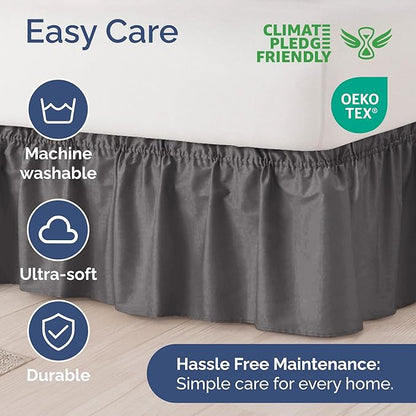 Wrap Around Dust Ruffle Bed Skirt - Dark Grey - for Full Size Beds with 15 Inch Drop - Elastic Strap - Adjustable Pleated Bedskirt with Brushed Fabric and Wrinkle Free - for Women, Men, Kids & Teens
