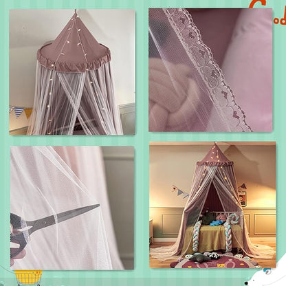 VETHIN Bed Canopy for with Lights,Double Layer Princess Round Dome Dreamy Mosquito Net Bedding Girls Room Castle Play Tent Hanging House Decor Reading Nook Canopies(Jujube Red/White)