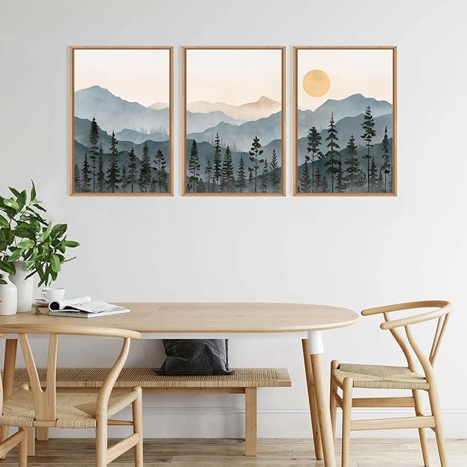 LHIUEM Boho Mountain Framed Canvas Wall Art Set,Forest Pine Tree Wall Decor, Sunrise Misty Wilderness Painting,Watercolor Nature Landscape Artwork for Living Room,Bedroom,Dining Room,Office -24"x36"x3