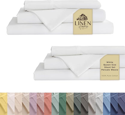 Linen Home 100% Cotton Percale Sheet Set Pack of 2, Queen Size, White, Deep Pocket, 8 Pieces Set - 2 Flat, 2 Deep Pocket Fitted Sheet and 4 Pillowcases, Crisp Cool and Strong Bed Linen