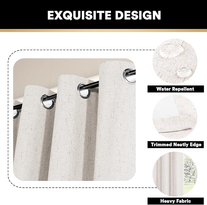 PrinceDeco Blackout Linen Curtains 64 Inch Curtains for Kids Room, Room Darkening Drapes for Bedroom,100% Black Out Textured Thermal Drapes Privacy Protection 2 Panels Set,Ivory, W42 x L64