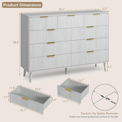 CARPETNAL Fluted 9 Drawer Dresser for Bedroom, 55" Wide Wooden Chest of Drawers with Rounded Corners, Gold Handles, Modern Storage Organizer for Bedroom, Hallway(White)