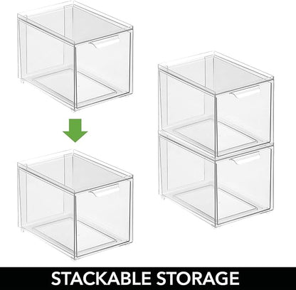 mDesign Shoe Storage Box with Drawer – Sturdy Plastic Storage Box for Shoes – Stackable Drawer Box for Shoes, Accessories and More – Pack of 4 – Clear