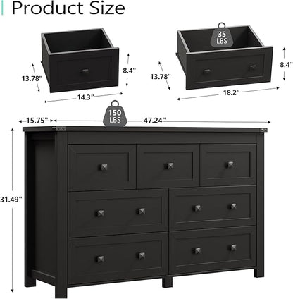 7 Drawer Dresser for Bedroom, Farmhouse Wood Chest of Drawers, Wide TV Stand Closet Storage Furniture with Metal Handle, Modern Wooden Clothes Organizer for Hallway, Living Room, Entryway, Black