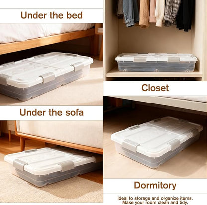 4 PCS*49 Qt Wheeled Latching Under Bed Storage, Double Opening Lids Stackable Bin with Latch Lid, Plastic Container to Organize Shoes Underbed, Clear with White Lid(White)
