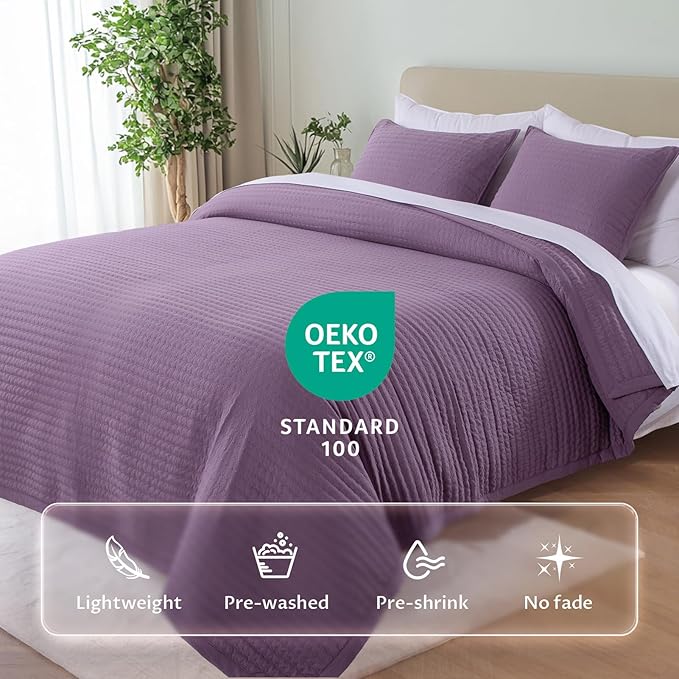 KASENTEX Twin Quilt Set 68"x86" – Soft Washed 3-Layer Lightweight Bedspread, Minimalist Nordic Design, All-Season Spring & Summer Quilt Set (1 Quilt + 2 Pillow Shams),Grape Jam Purple