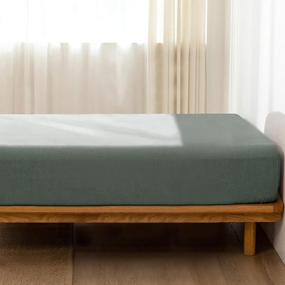 MooMee Fitted Bottom Sheet Only 100% Washed Cotton Linen Like Textured Breathable Durable Soft Comfy Deep Pocket Fits Mattress up to 17" (Heathered Green, King)