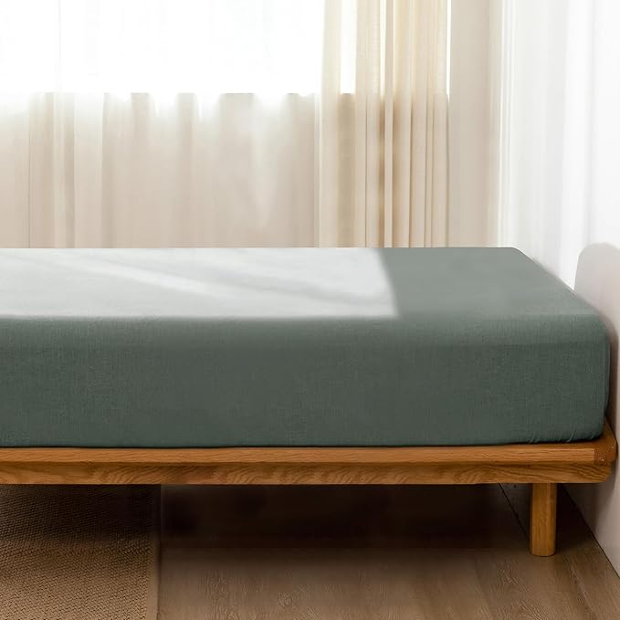 MooMee Fitted Bottom Sheet Only 100% Washed Cotton Linen Like Textured Breathable Durable Soft Comfy Deep Pocket Fits Mattress up to 17" (Heathered Green, Queen)