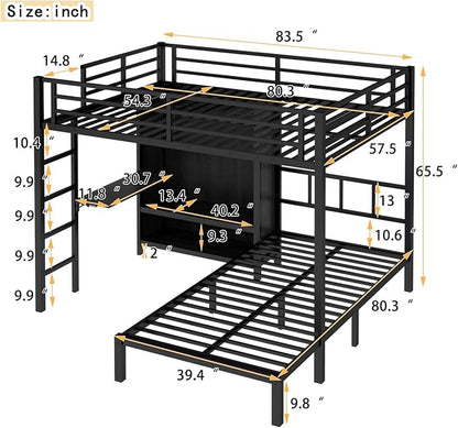 Full XL Over Twin Metal Bunk Bed with Folding Desk, Closet LED,Space-Saving/Noise Reduced, Black Modern Style Multi-Functional Storage Needs Space-Saving Noise Reduced