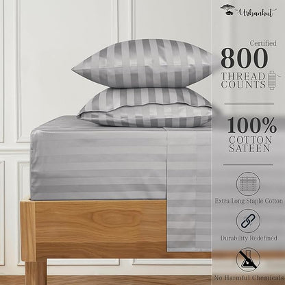URBANHUT 800 Thread Count 100% Cotton Damask Queen Size Sheets, 4 Piece Striped Queen Size Bedsheets, Luxury Hotel Sheets Sateen Weave - Better Than Egyptian, 16" Elasticized Deep Pocket- Silver Grey