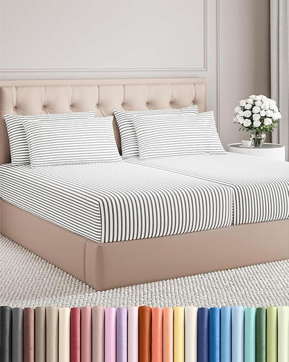 Split King 7 Piece Sheet Set - Cooling & Breathable - Hotel Luxury Bedding Includes Fitted Sheets for Women, Men, Kids & Teens - 1 Flat, 2 Fitted Sheets, 4 Pillowcases w/Deep Pockets - Grey Stripes