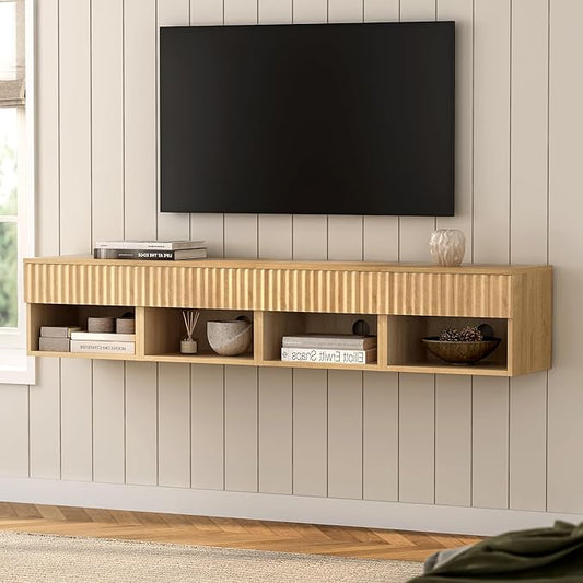 Floating TV Stands Set of 4 with Drawer and Open Shelf, Small Wall Mounted Bedside End Table, Modern Fluted Night Stand for Bedroom, Living Room, Natural Oak