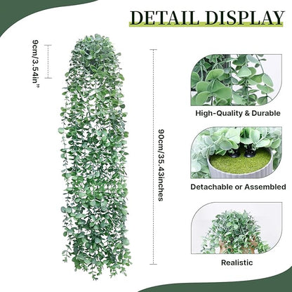 Artificial Hanging Plants for Shelf, Fake Potted Greenery 2-Pack Faux Eucalyptus Vine in Black Pot, Décor for Office Living Room Bathroom Indoor Outdoor