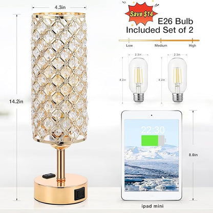 Hong-in Gold Lamps Set of 2, Dimmable Gold Lamps for Nightstand with USB-C+A & AC Charging Ports, 3-Way USB Crystal Lamp, Bedside Desk Light for Bedroom Living Room Home Office(Bulb Included)