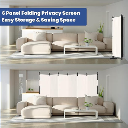 Room Divider, 6 Panel Upgraded Folding Privacy Screen, 132” Highly Secretive Separation with 4 Metal Feet, Partition Screen, Lightweight Freestanding Wall Divider Bedroom (White)
