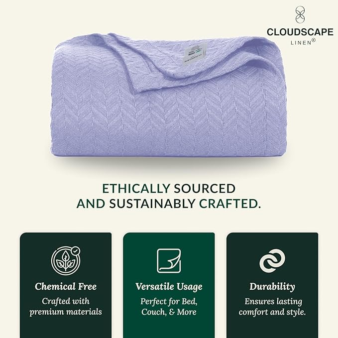 Cloud Scape Linen 100% Cotton Blanket King 92x108 Lavender Blue - Cozy Herringbone Weave, Fits Up to Cal King Beds, Breathable Softness, All-Season Warmth, Heavy Layering Winter Blanket