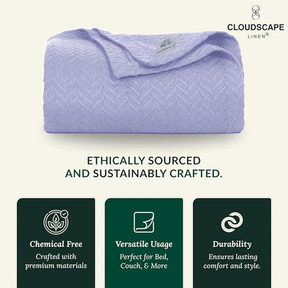 Cloud Scape Linen 100% Cotton Throw Blanket 50x70 Lavender Blue, Luxury All-Season Warmth, Ultra Soft, Oversized Herringbone Gauze Blanket for Winter, Bed, Couch & Sofa Decor, Best Gift Idea