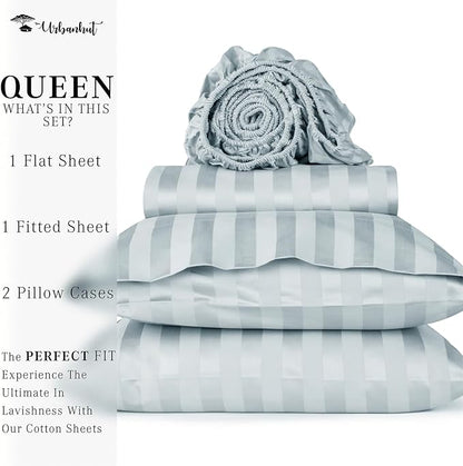 URBANHUT 800 Thread Count 100% Cotton Damask Queen Size Sheets, 4 Piece Striped Queen Size Bedsheets, Luxury Hotel Sheets Sateen Weave - Better Than Egyptian, 16" Elasticized Deep Pocket- Light Blue