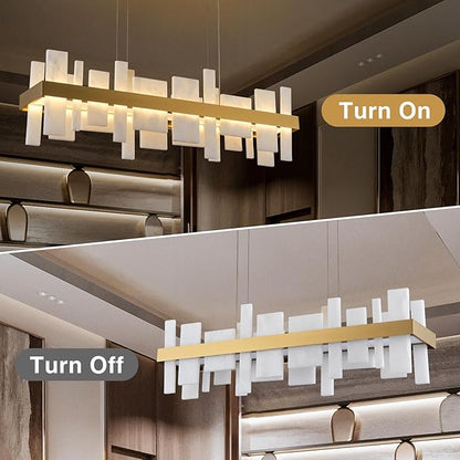 Alabaster Rectangle Chandelier, Natural Spanish Stone Texture Chandeliers, 46.8" Adjustable Alabaster Chandelier Over Table for Dining Room, Bedroom, Island– Modern Luxury Ceiling Lighting