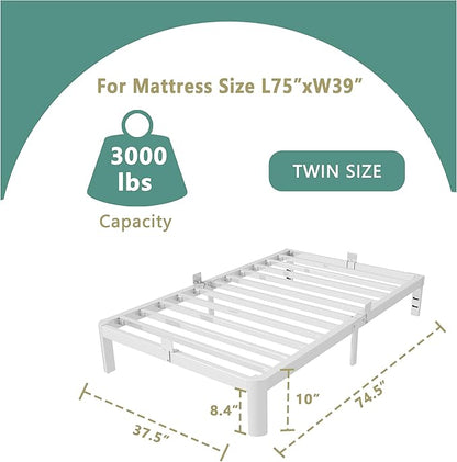 ITIMIDI 10 Inch White Bed Frame Twin Size with Metal Gaskets, Metal White Platform Bed Frame, No Box Spring Needed, Heavy Duty Steel Support 3000 LBS, Anti-Slip Mattress Stopper, Easy Assembly