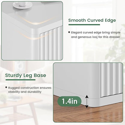 Fluted 6 Drawers Double Dresser, White Dresser for Bedroom, Modern Chest of Drawers with Handleless, Curved Profile Dressers TV Stand, Wood Storage Organizer for Living Room, Hallway