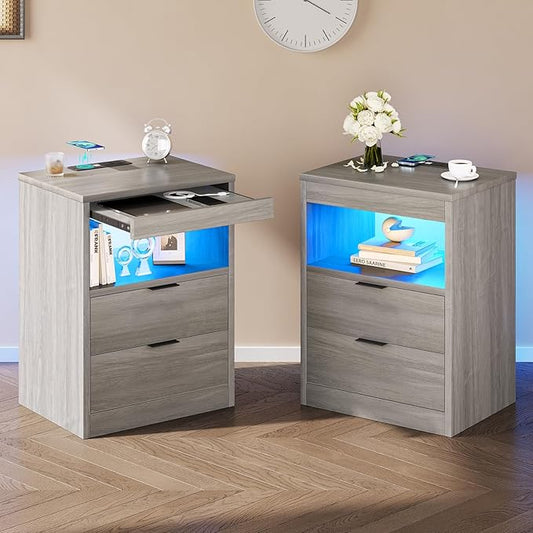 Tiptiper LED Nightstand Set of 2, Gray Nightstand with Wireless Charging Station, Night Stand with Drawers & Pull-Out Shelf, Modern Bedside Table with Storage, End Side Table