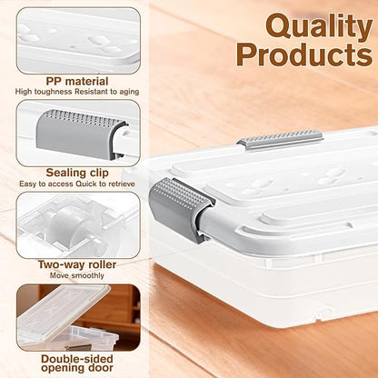 4 PCS*49 Qt Wheeled Latching Under Bed Storage, Double Opening Lids Stackable Bin with Latch Lid, Plastic Container to Organize Shoes Underbed, Clear with White Lid(White)