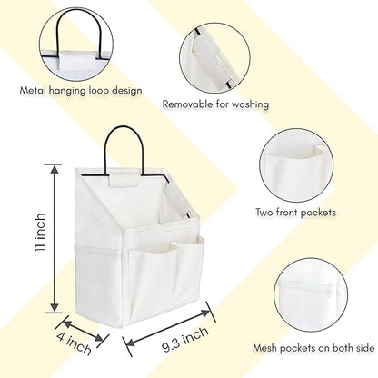 Kanrichu 3pcs Small Wall Hanging Organizer Bag, Linen Fabric Door Hanging Storage Basket with Pockets, Waterproof Bin for Kitchen, Bedroom, Office, RV Camper (White)