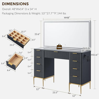 T4TREAM 48" Fluted Makeup Vanity Desk with 48" Large Mirror and HD LED Lights, Modern Vanity Table with Charging Station, Glass Top and Golden Handles Dressing Table for Bedroom,Dark Grey